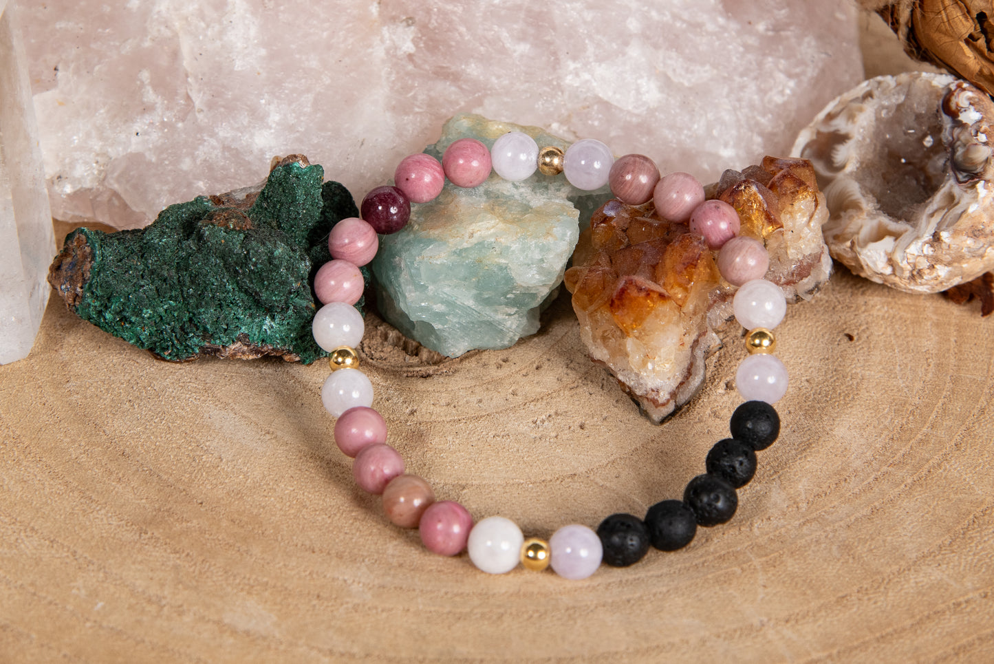 Rodonite, tormalina rosa, ametista lavanda, lava, argento dorato 925