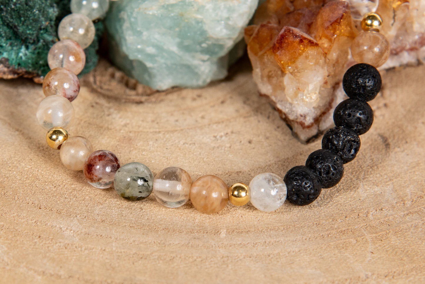 Prehnite, quarzo citrino, quarzo ematoide, lava, argento dorato 925