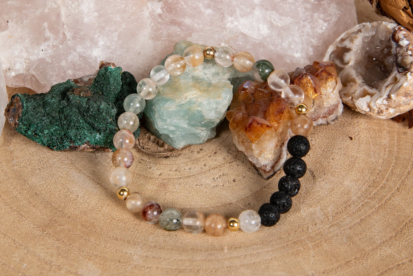 Prehnite, quarzo citrino, quarzo ematoide, lava, argento dorato 925