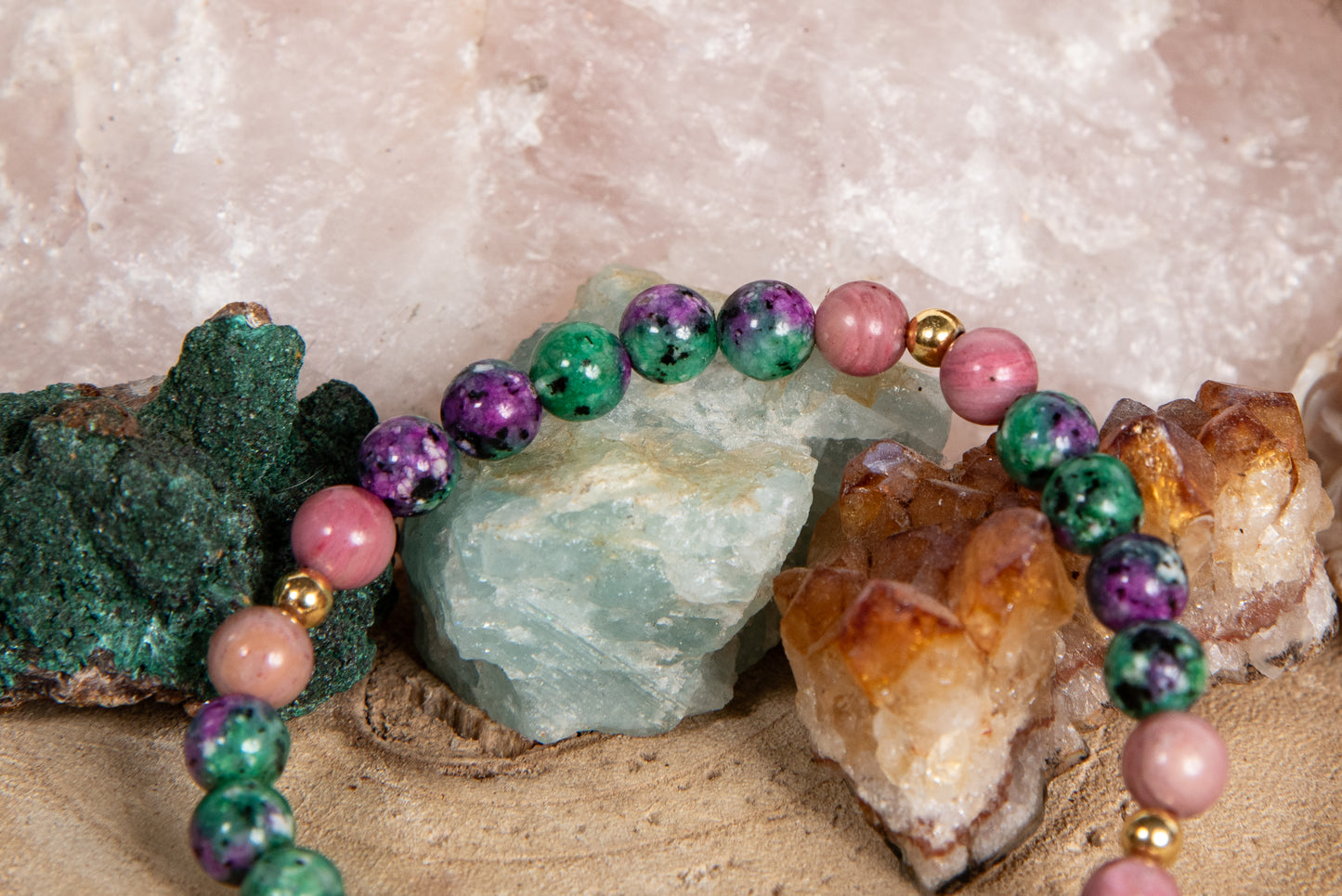 Zoisite, rodonite, lava, argento dorato 925