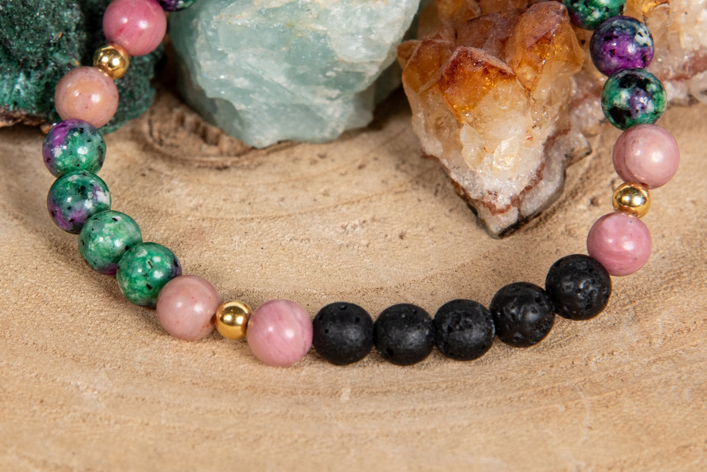 Zoisite, rodonite, lava, argento dorato 925