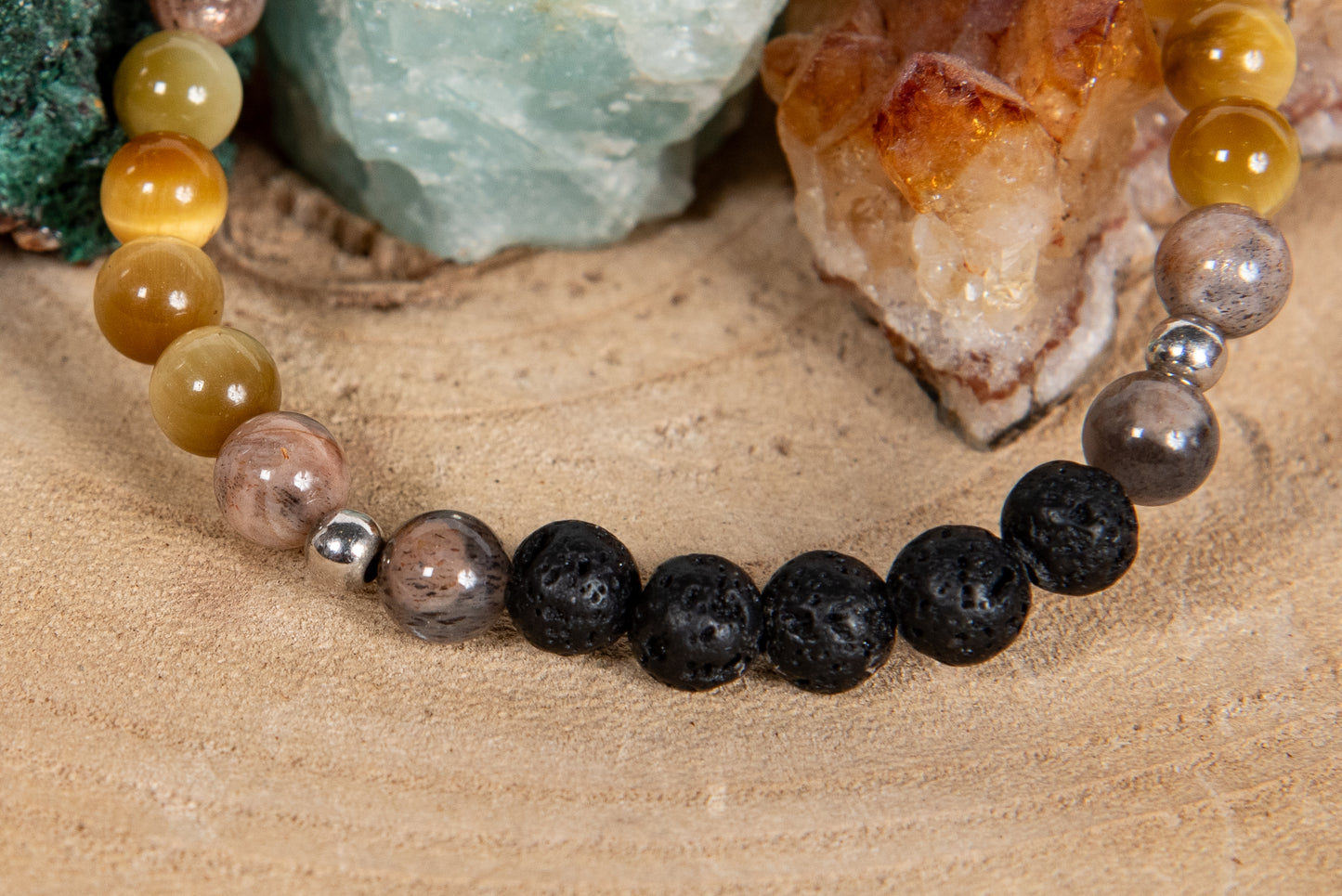 Occhio di tigre dorato, pietra di luna nera, lava, argento 925