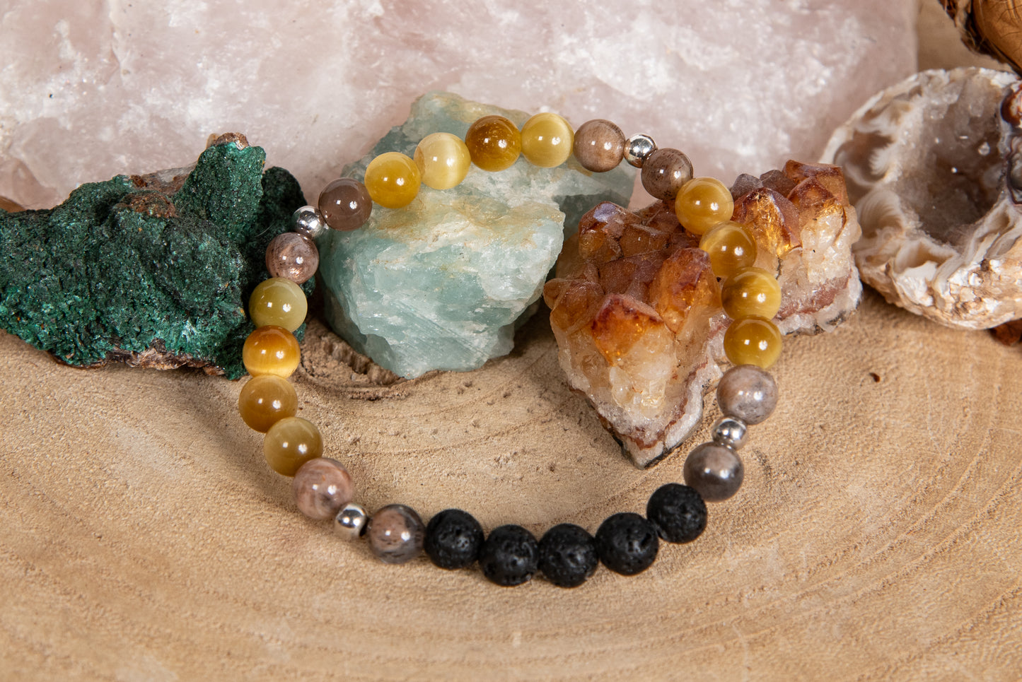 Occhio di tigre dorato, pietra di luna nera, lava, argento 925