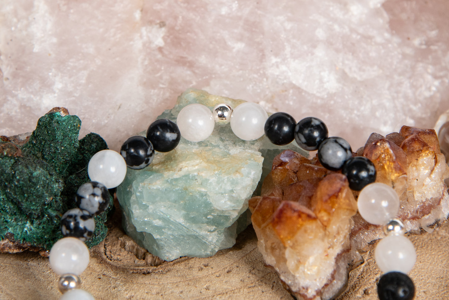 Ossidiana fiocco di neve, labradorite bianca, lava, argento 925