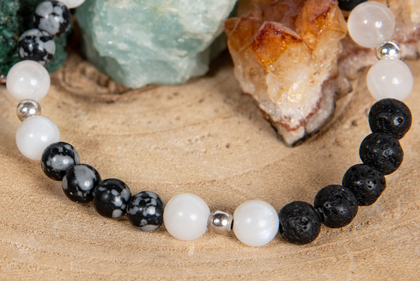 Ossidiana fiocco di neve, labradorite bianca, lava, argento 925