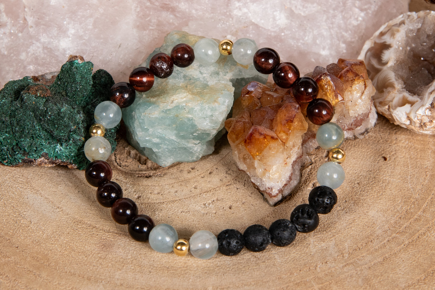 Calcite blu, occhio di bue, lava, argento dorato 925