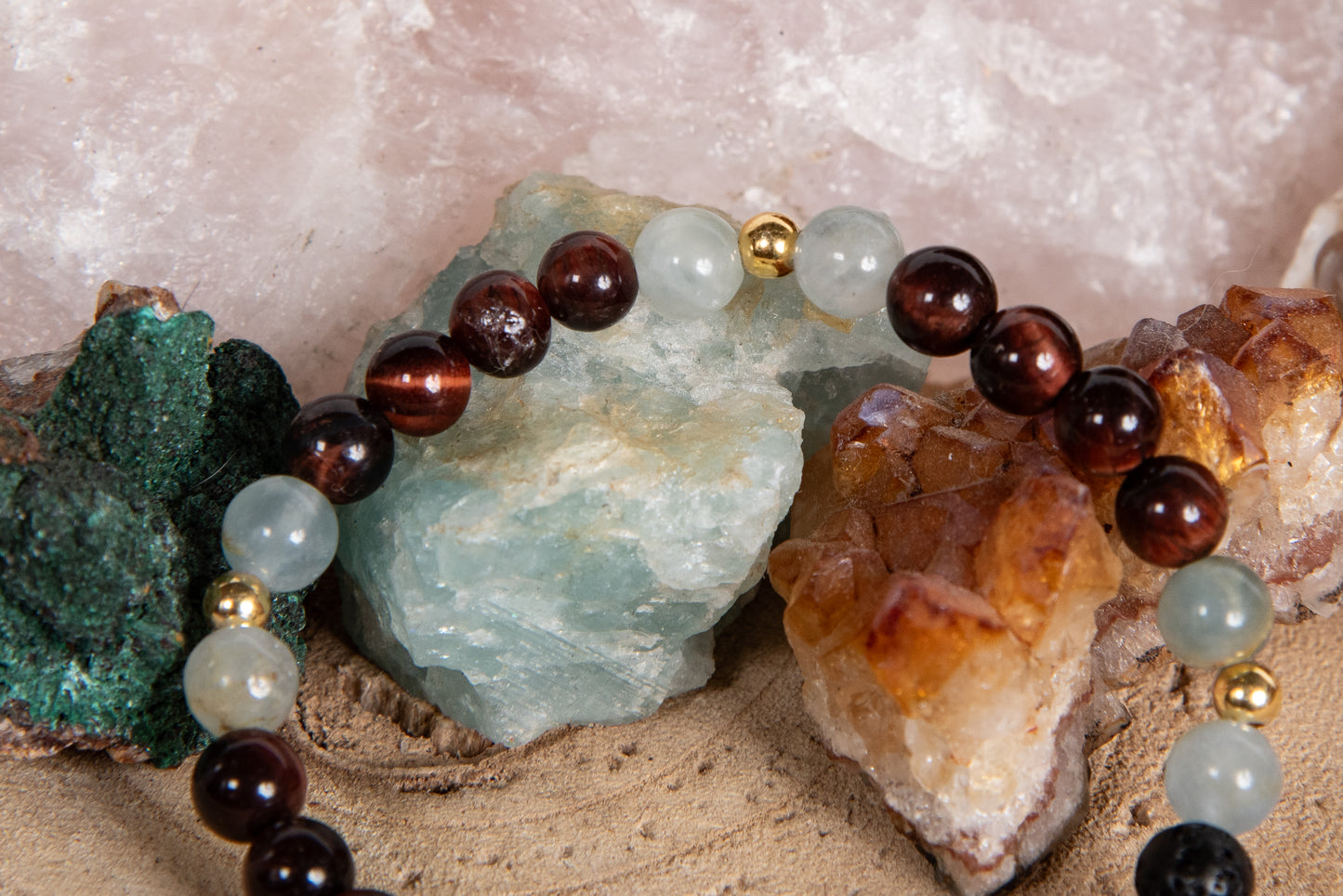 Calcite blu, occhio di bue, lava, argento dorato 925