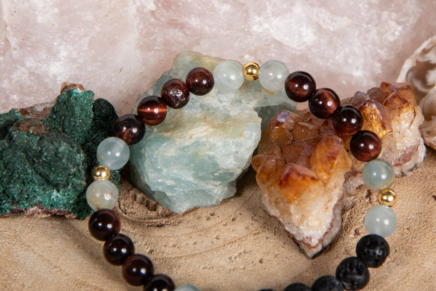 Calcite blu, occhio di bue, lava, argento dorato 925