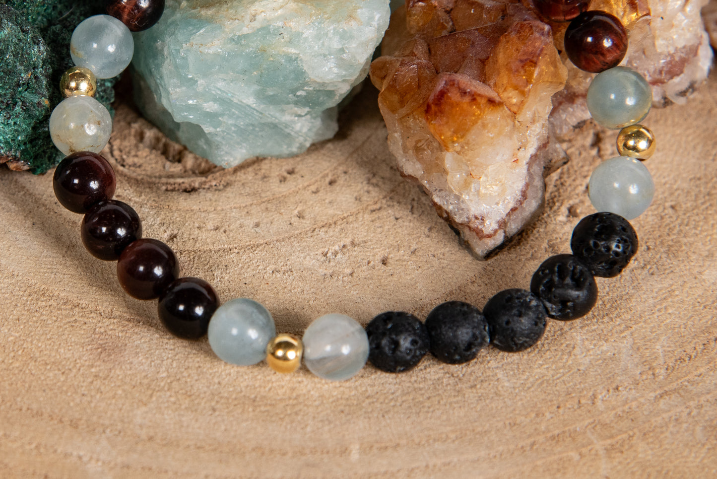 Calcite blu, occhio di bue, lava, argento dorato 925