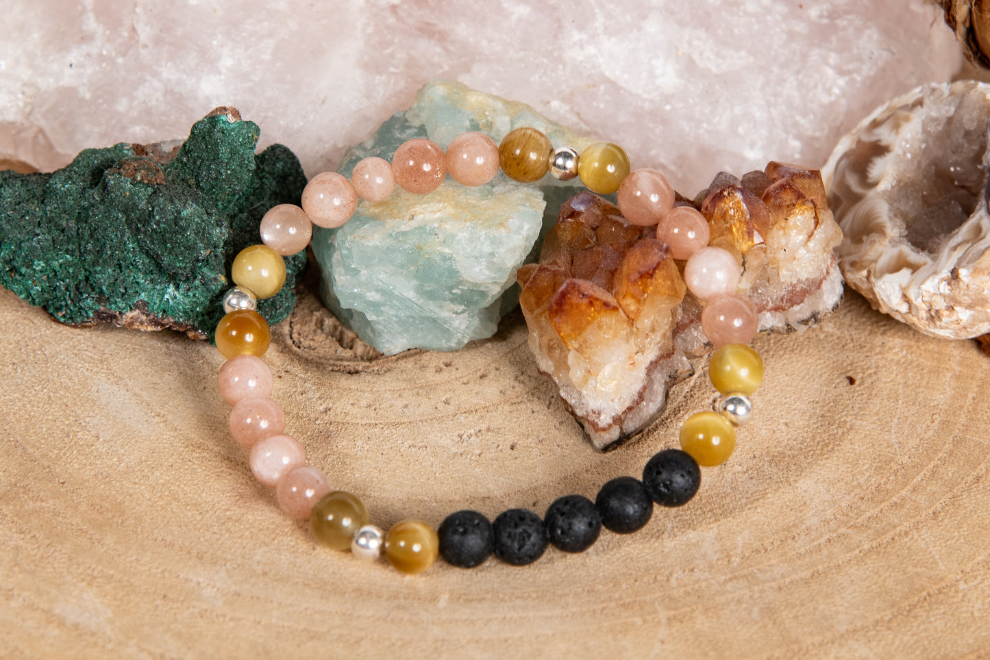 Occhio di tigre dorato, pietra di luna, lava, argento 925