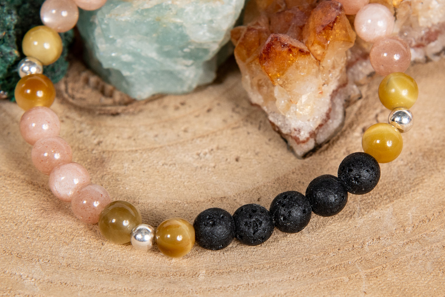 Occhio di tigre dorato, pietra di luna, lava, argento 925