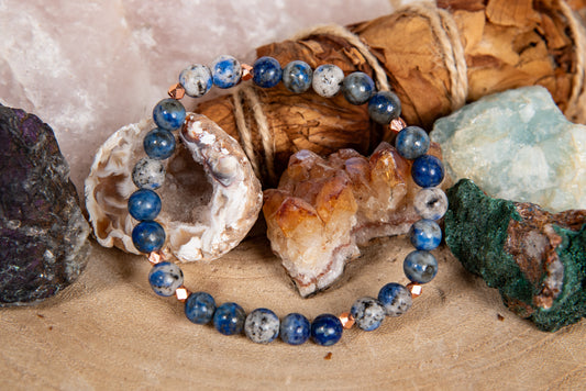 Bracciale perle 6 mm lapislazzuli, diaspro K2, rame