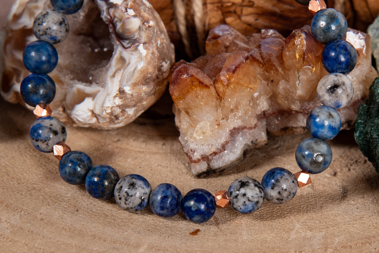 Bracciale perle 6 mm lapislazzuli, diaspro K2, rame