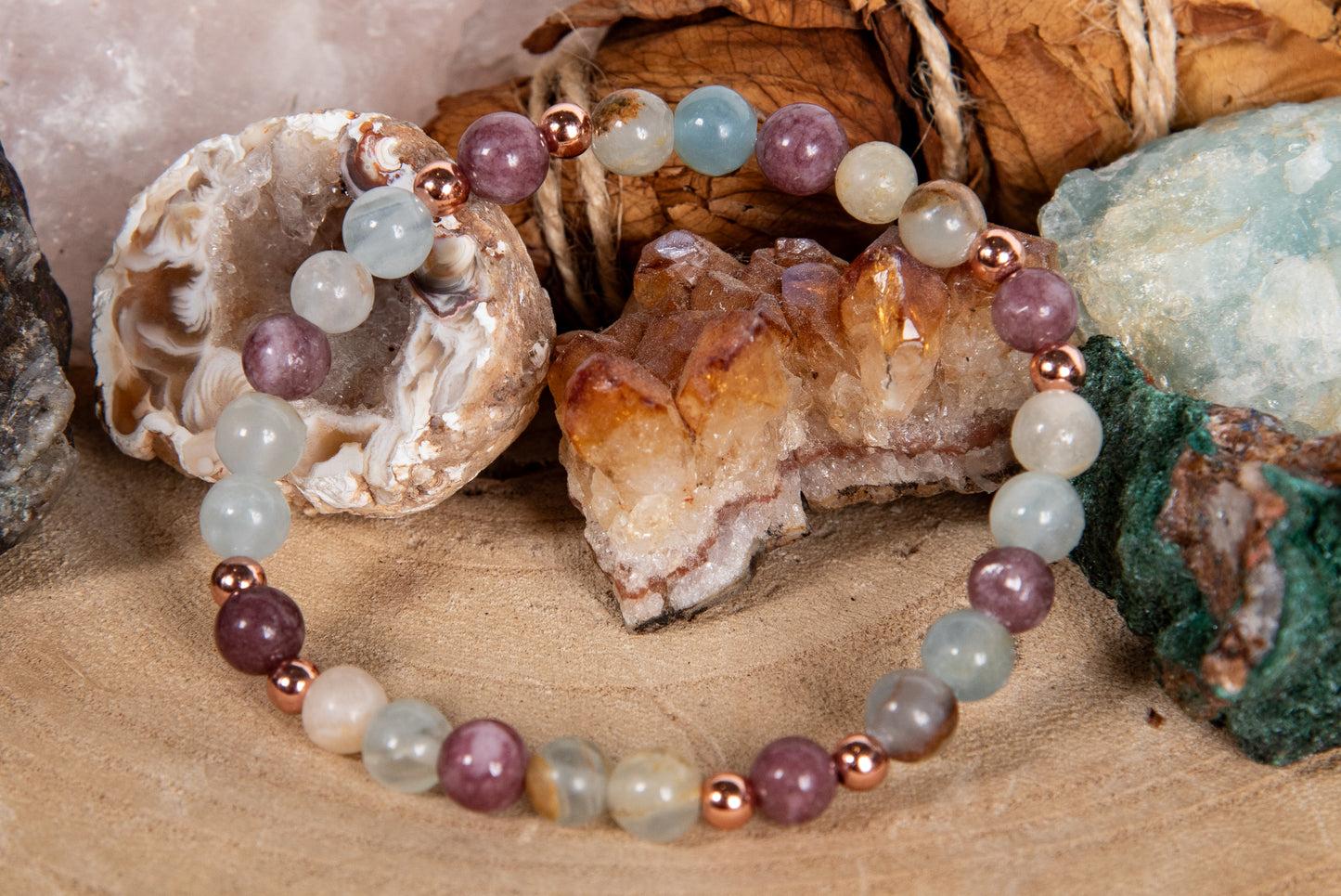 Bracciale perle 6 mm calcite, lepidolite, rame