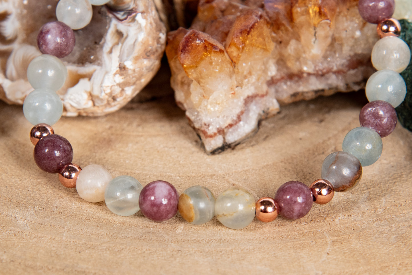 Bracciale perle 6 mm calcite, lepidolite, rame