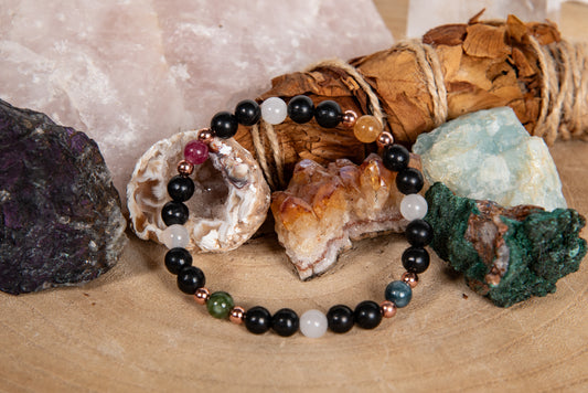 Bracciale perle 6 mm shungite, tormalina naturale vari colori, agata bianca, rame