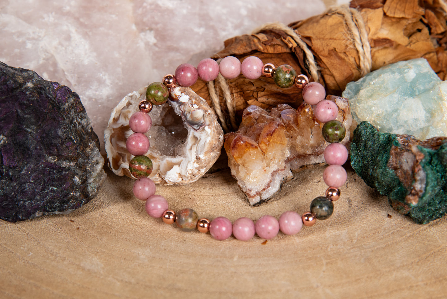 Bracciale perle 6 mm unakite, rodonite, rame