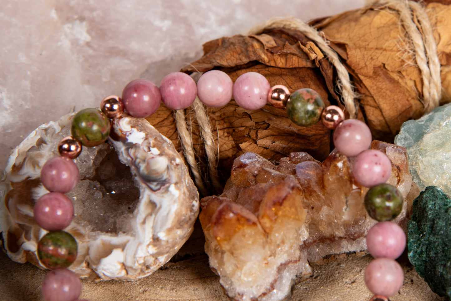 Bracciale perle 6 mm unakite, rodonite, rame