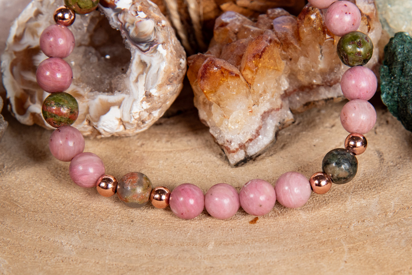 Bracciale perle 6 mm unakite, rodonite, rame