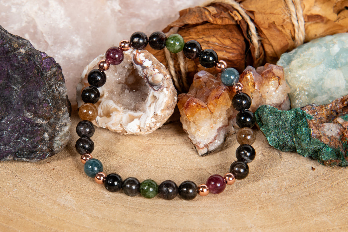 Bracciale perle 6 mm tormalina elbaite, tormalina naturale vari colori, rame