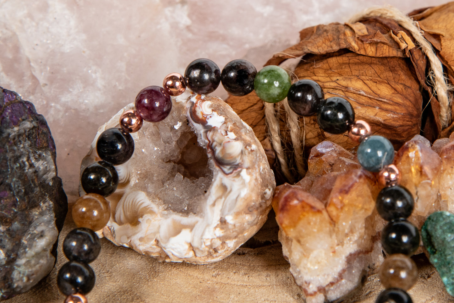 Bracciale perle 6 mm tormalina elbaite, tormalina naturale vari colori, rame