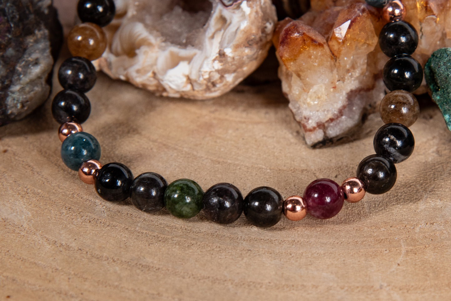Bracciale perle 6 mm tormalina elbaite, tormalina naturale vari colori, rame