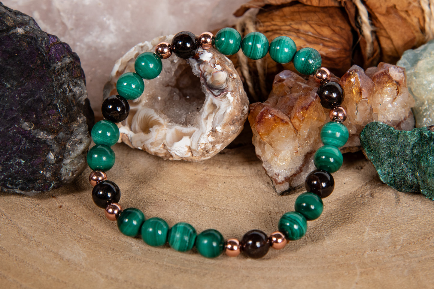 Bracciale perle 6 mm granato, malachite, rame