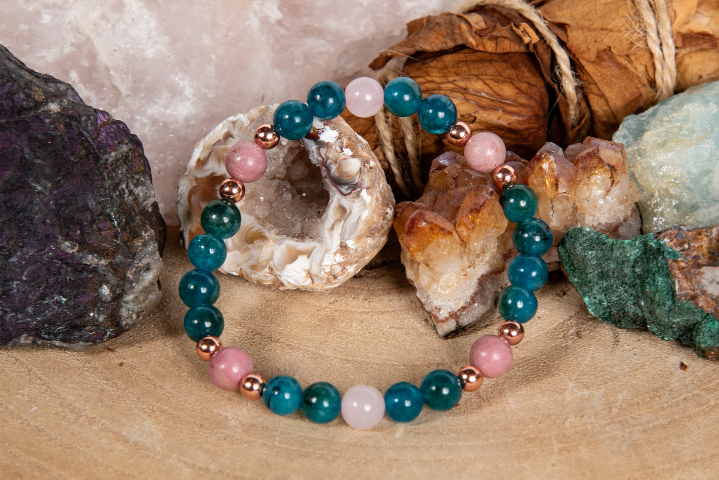 Bracciale perle 6 mm ametista lavanda, apatite, rodonite, rame