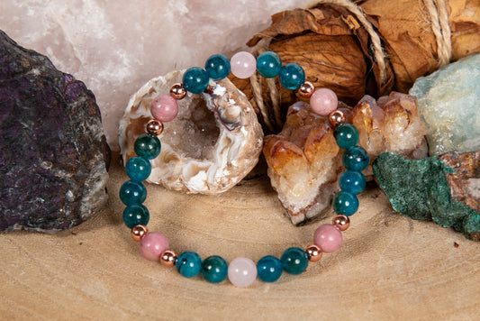 Bracciale perle 6 mm ametista lavanda, apatite, rodonite, rame