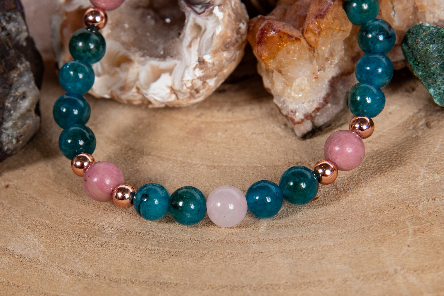 Bracciale perle 6 mm ametista lavanda, apatite, rodonite, rame