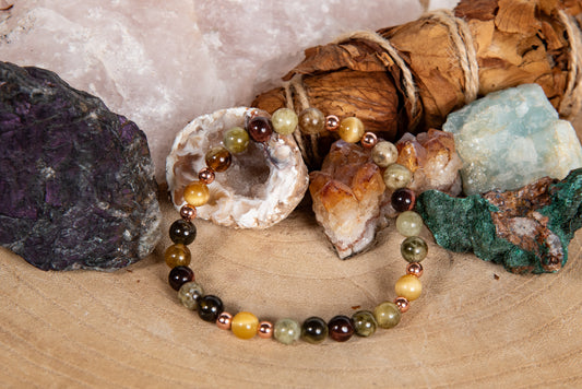 Bracciale perle 6 mm occhio di tigre dorato, occhio di bue, pietra serpentina, rame