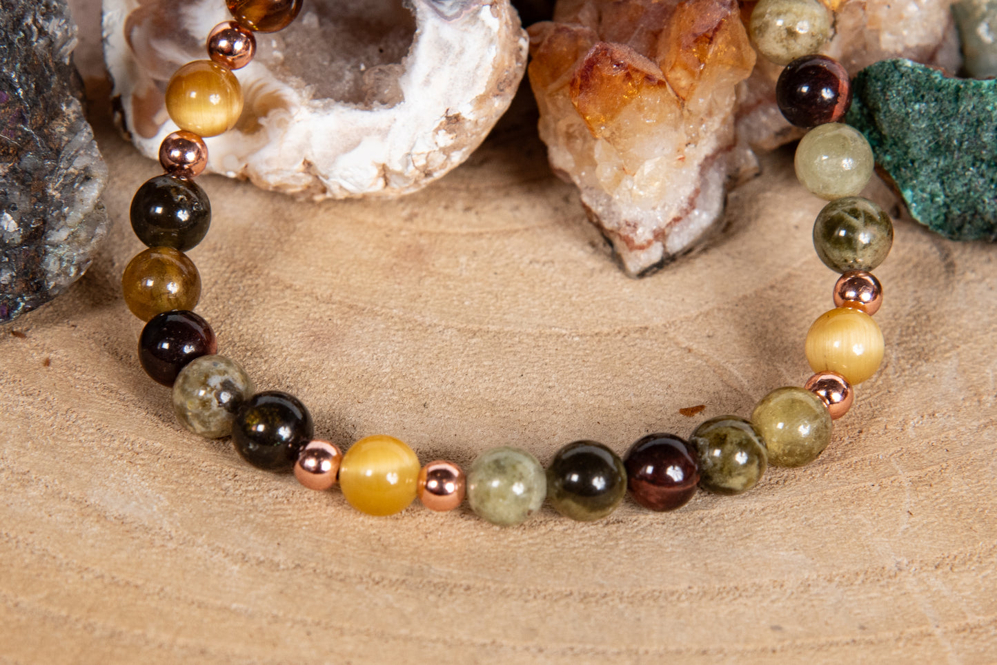 Bracciale perle 6 mm occhio di tigre dorato, occhio di bue, pietra serpentina, rame