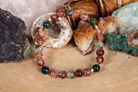 Bracciale perle 6 mm quarzo ematoide, prehnite, agata muschiata, rame