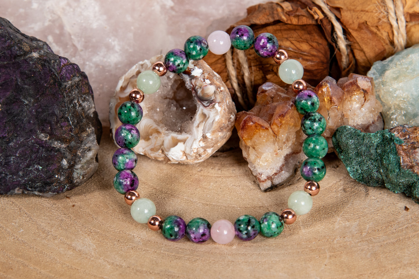 Bracciale perle 6 mm zoisite, quarzo rosa, giadeite, rame