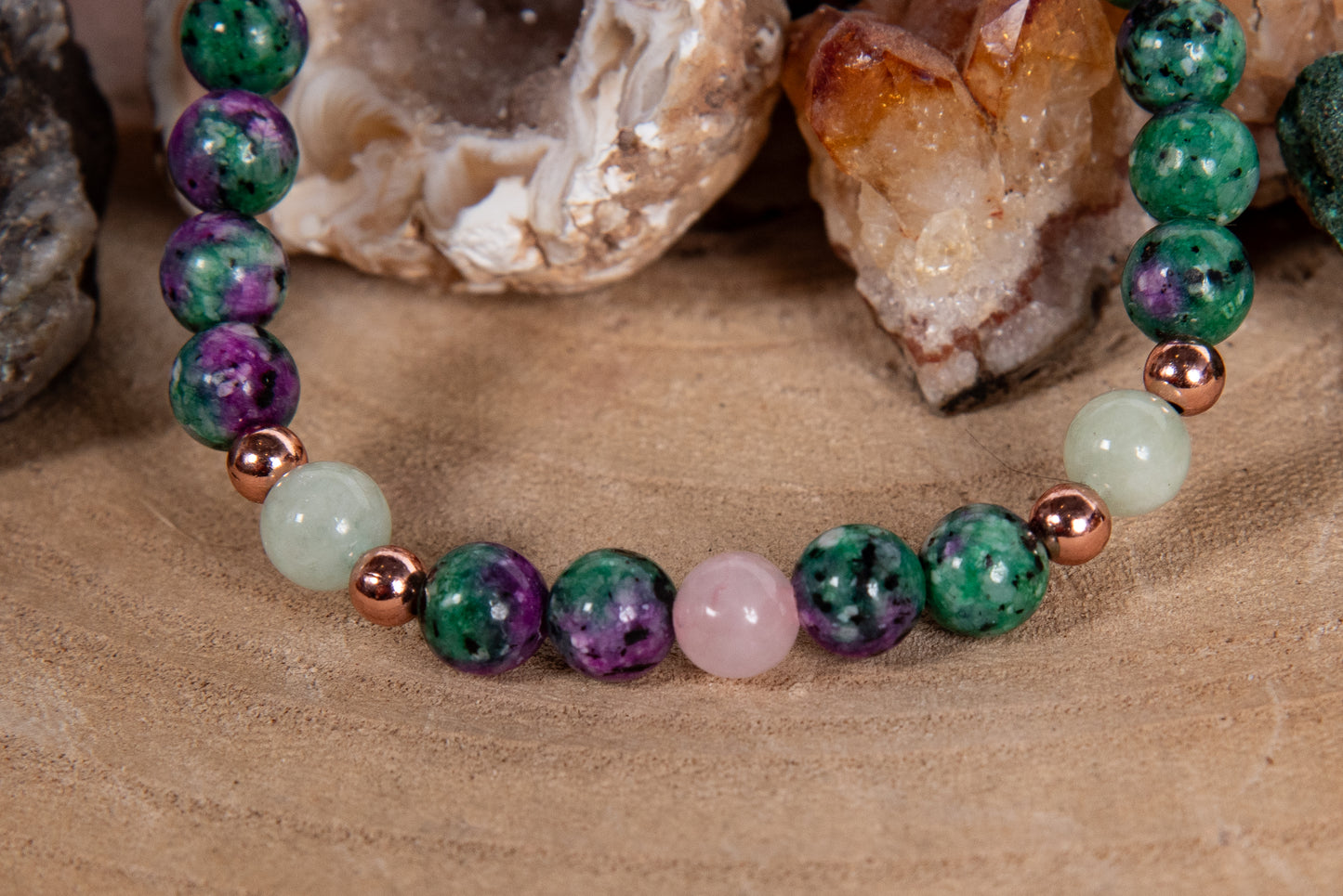Bracciale perle 6 mm zoisite, quarzo rosa, giadeite, rame