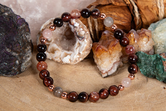 Bracciale perle 6 mm occhio di bue, quarzo ematoide, pietra di luna, rame