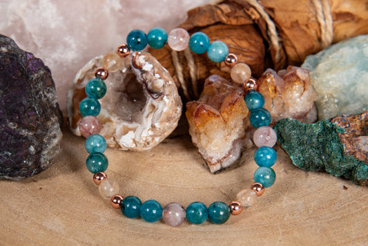 Bracciale perle 6 mm quarzo ematoide, quarzo citrino, apatite, rame