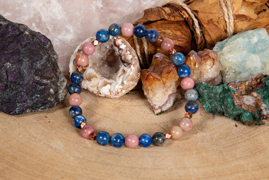 Bracciale perle 6 mm lapislazzuli, rodonite, rame