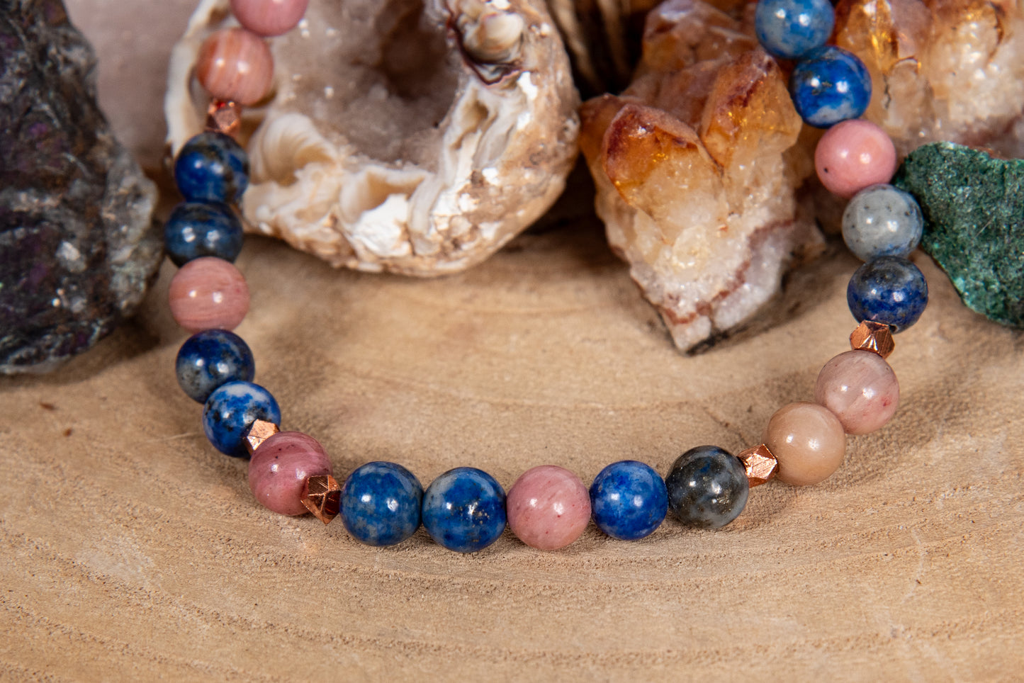 Bracciale perle 6 mm lapislazzuli, rodonite, rame