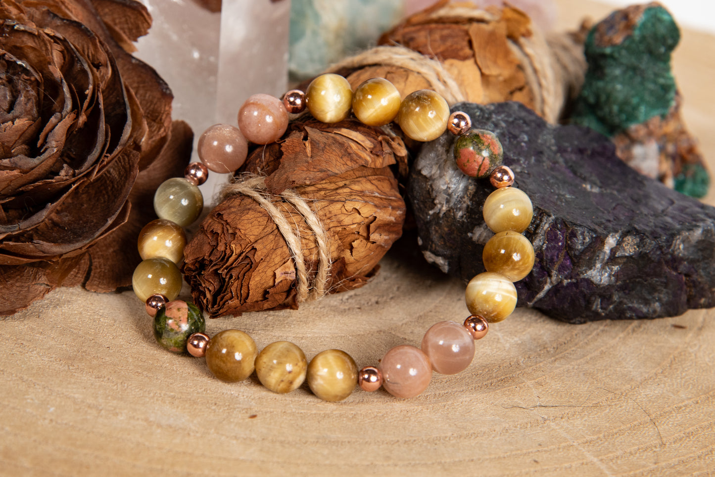 Bracciale perle 8 mm occhio di tigre dorato, pietra di luna, unakite, rame