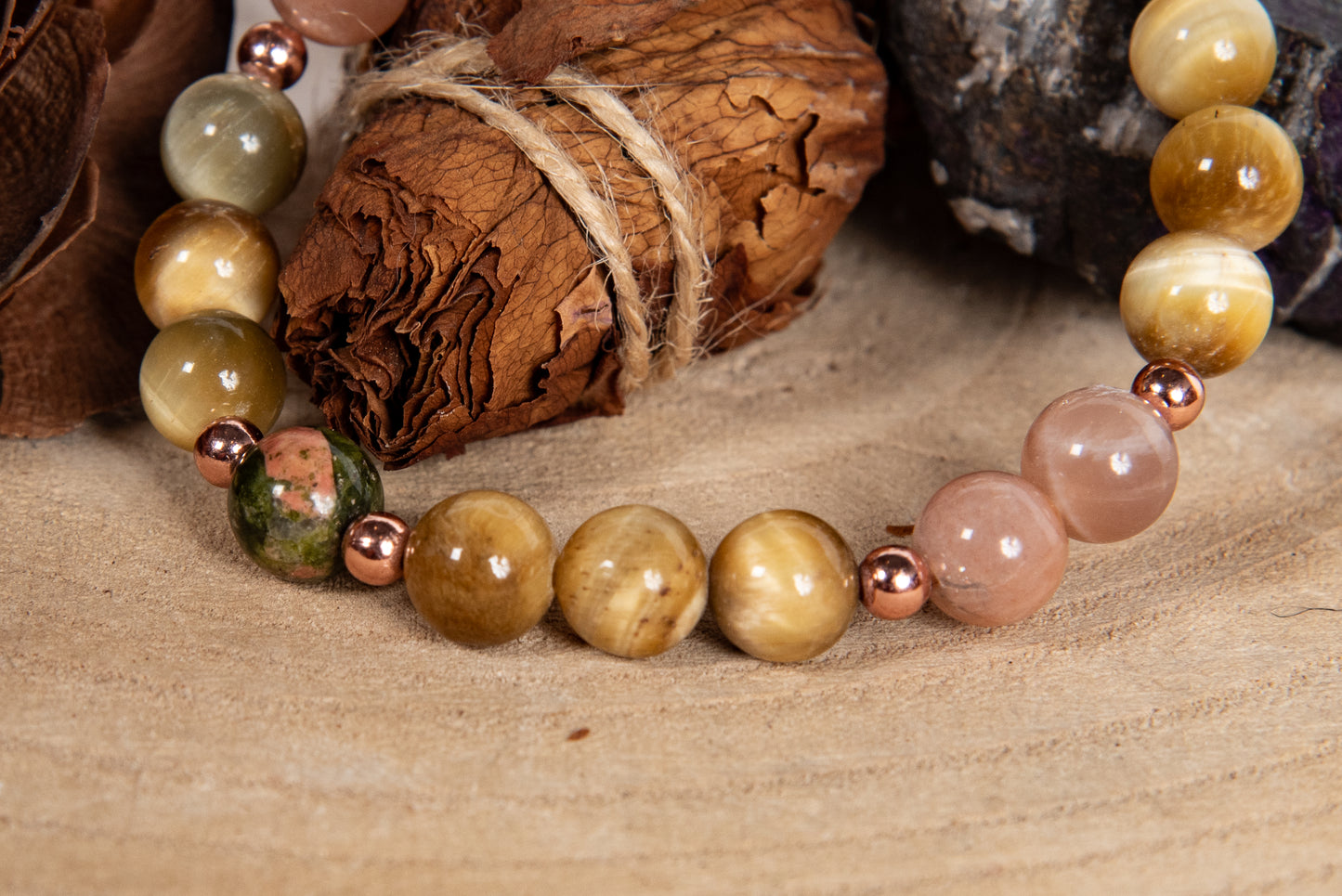 Bracciale perle 8 mm occhio di tigre dorato, pietra di luna, unakite, rame