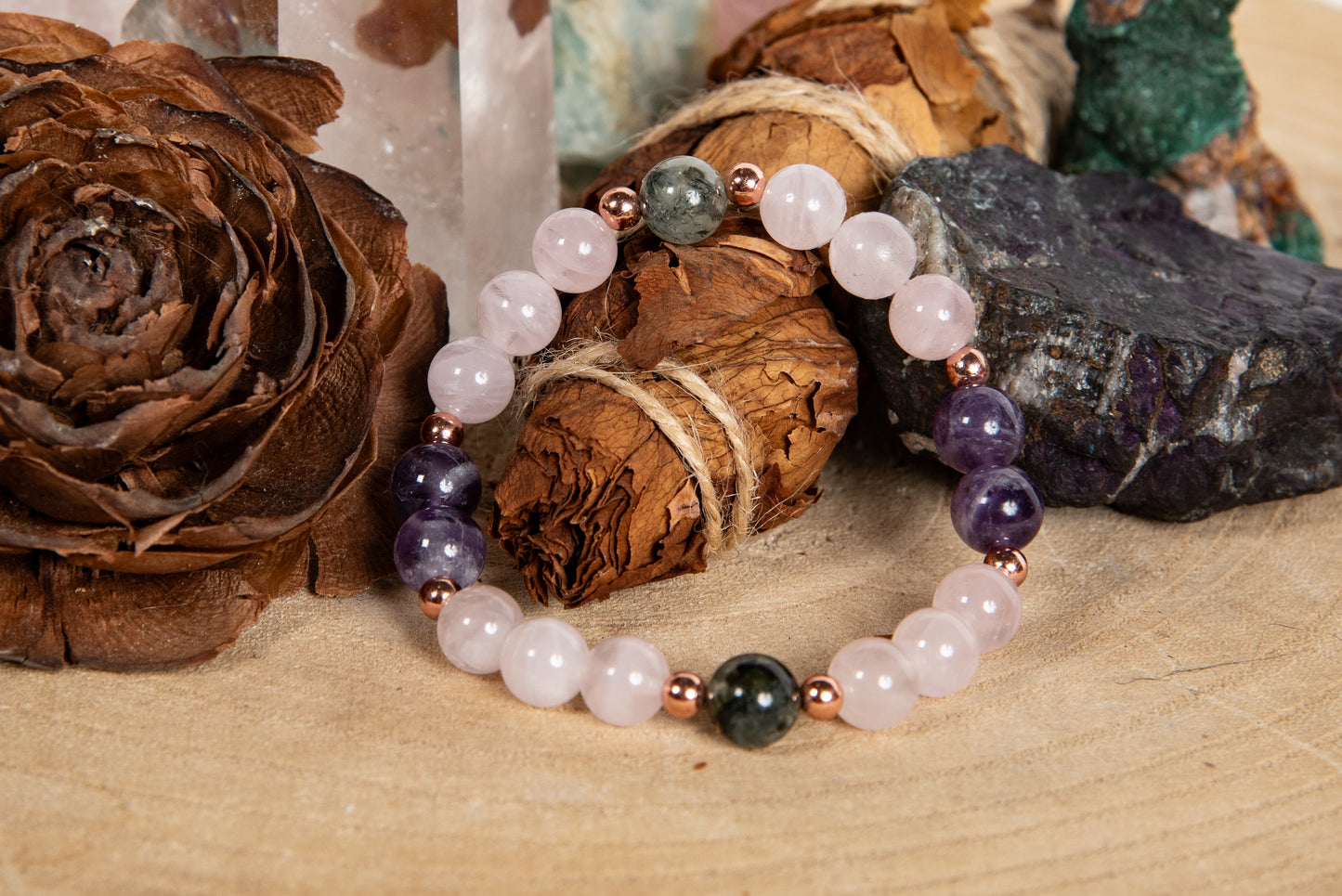 Bracciale perle 8 mm quarzo rosa, prehnite, ametista, rame