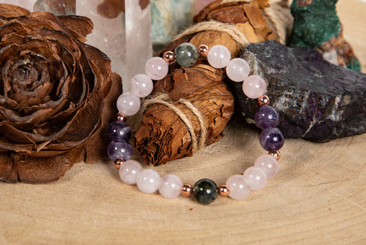 Bracciale perle 8 mm quarzo rosa, prehnite, ametista, rame