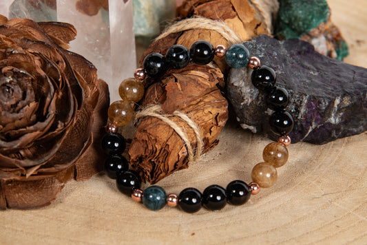 Bracciale perle 8 mm tormalina naturale, onice, rame