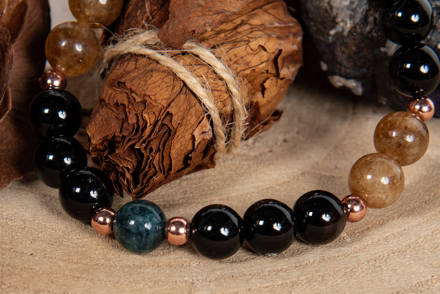 Bracciale perle 8 mm tormalina naturale, onice, rame