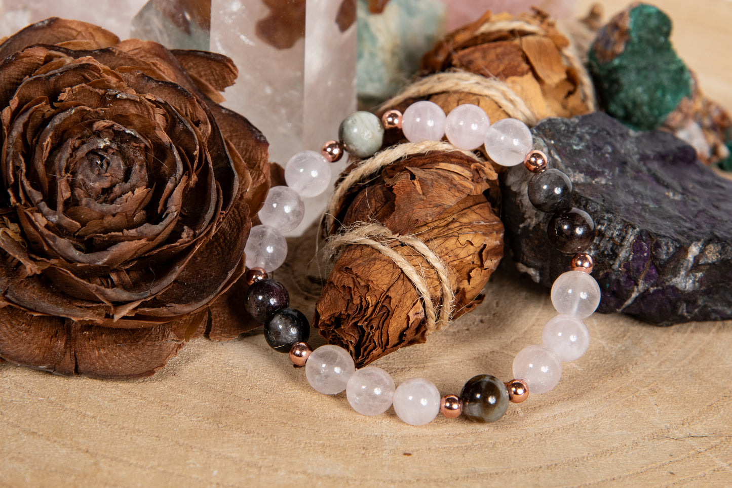 Bracciale perle 8 mm tormalina elbaite, quarzo rosa, rame