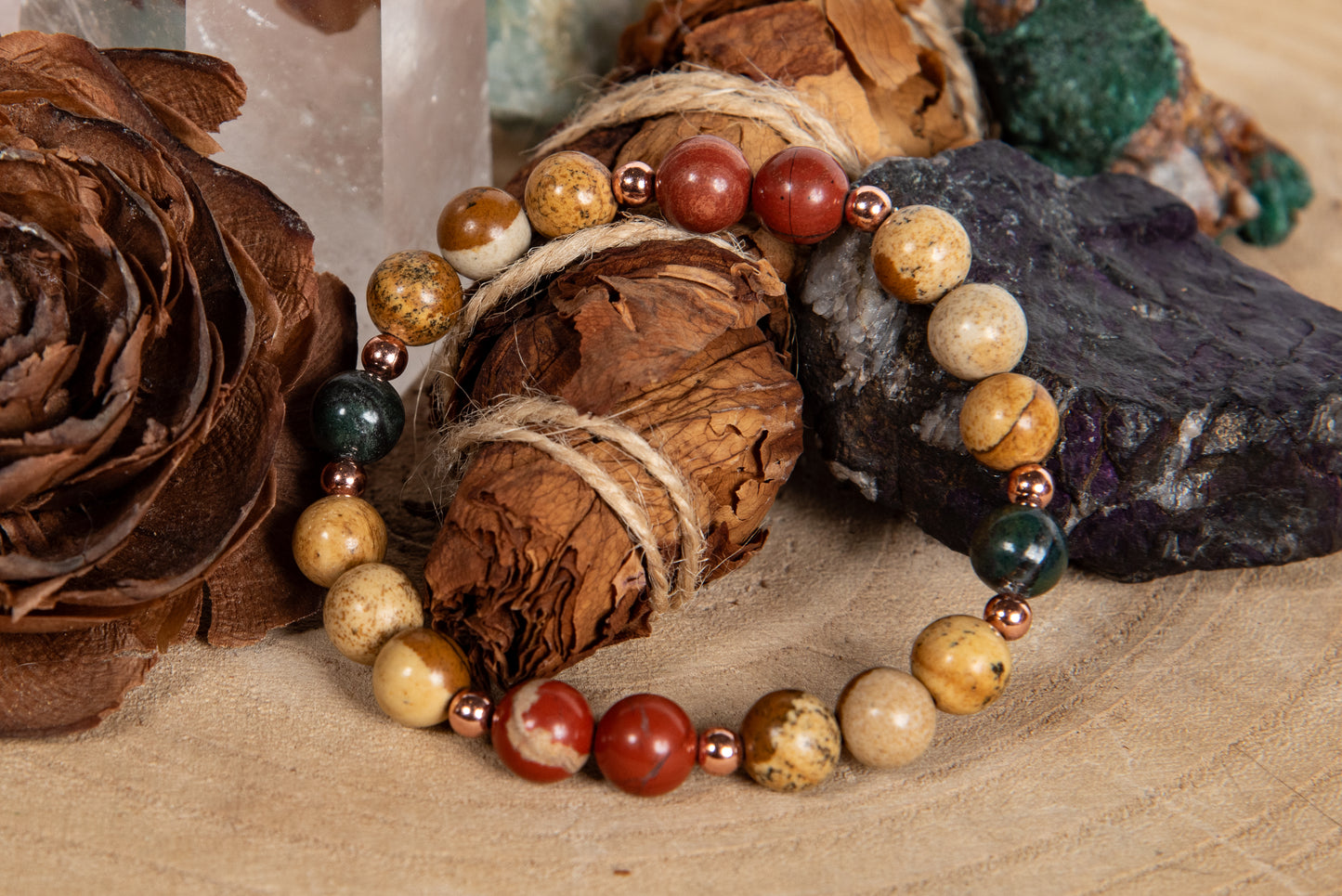 Bracciale perle 8 mm diaspro paesaggio, diaspro brecciato, giada africana, rame