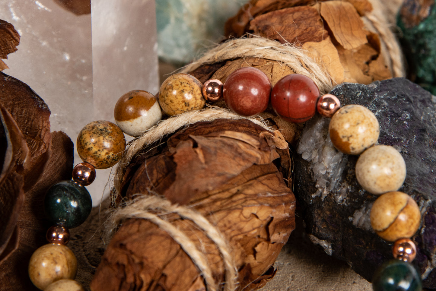 Bracciale perle 8 mm diaspro paesaggio, diaspro brecciato, giada africana, rame