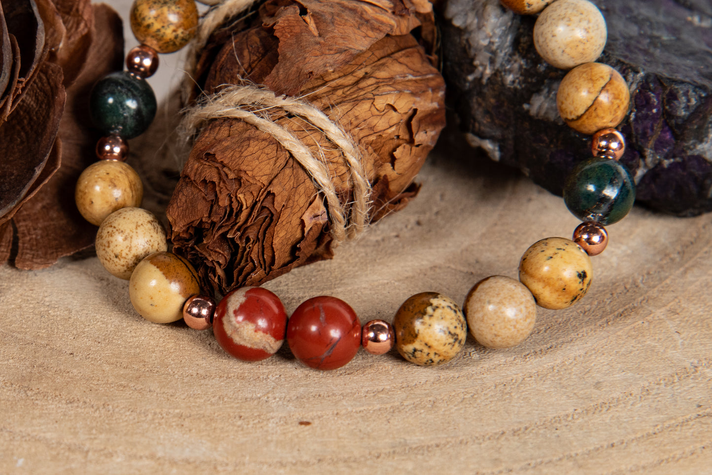 Bracciale perle 8 mm diaspro paesaggio, diaspro brecciato, giada africana, rame