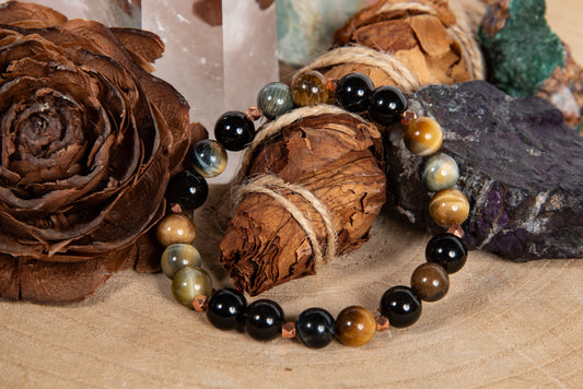 Bracciale perle 8 mm occhio di tigre dorato, occhio di falco, onice, rame